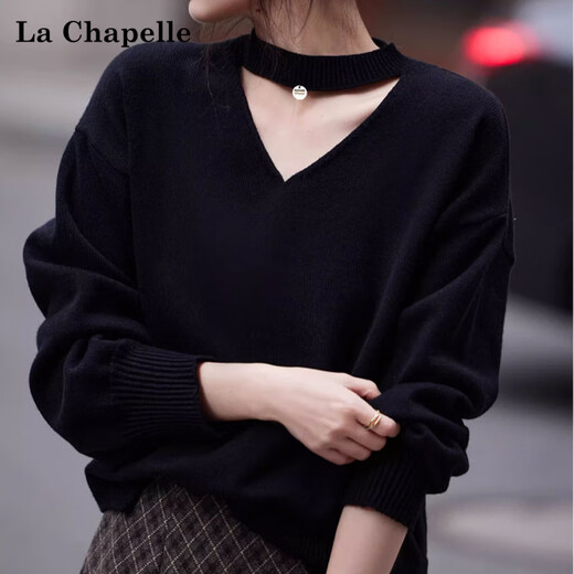 La Chapelle zodiac year red v-neck sweater for women in autumn and winter, long-sleeved bottoming shirt, halter neck knitted top, black, one size