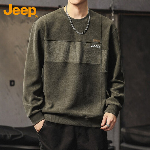 JEEP sweatshirt men's high-end stitching contrasting color bottoming shirt long-sleeved T-shirt top loose trendy men's wear brown XL