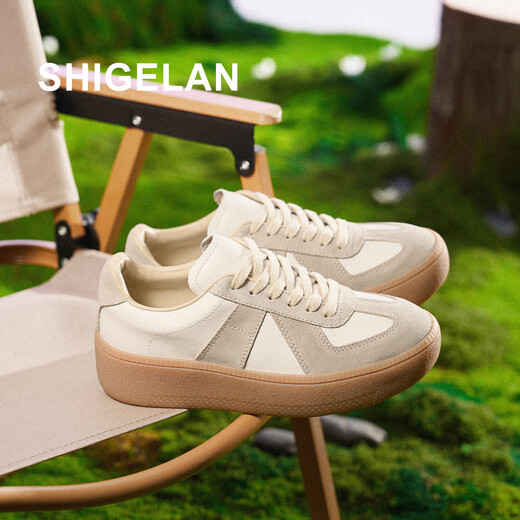 Shilan 2026 new thick-soled height-increasing sneakers, genuine leather stitching, lace-up, versatile casual shoes, fashionable and comfortable women's shoes, off-white 34