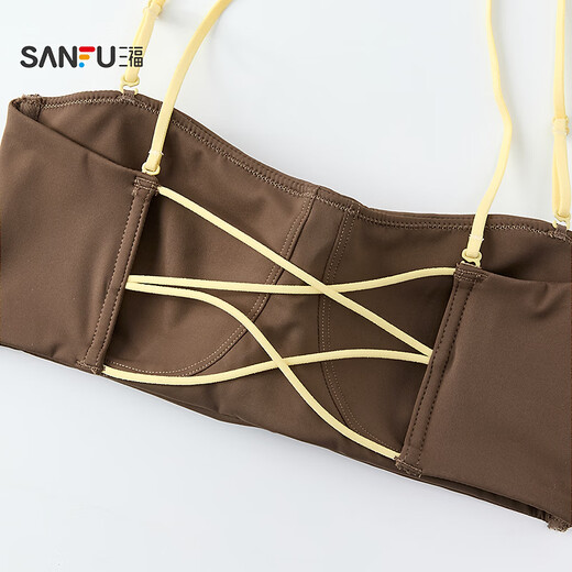 SANFU thin cup no wire push-up bra, one-line chest-wrapping, contrasting color spaghetti straps, beautiful back bra for women 513700, coffee color M, suitable for 70C/75A/B/C