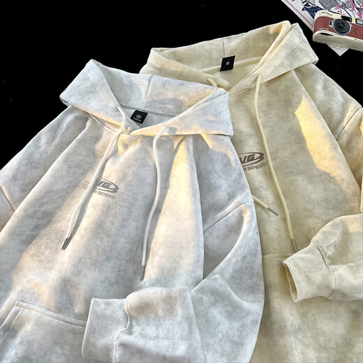 VUUG sweatshirt men's cleanfit American hooded Korean style casual loose versatile plus velvet pullover top white M