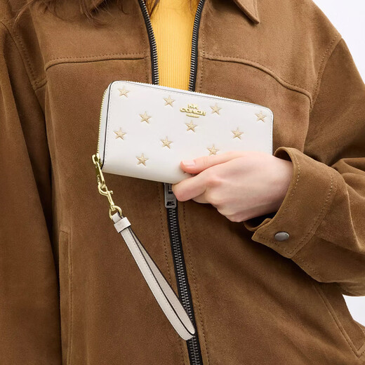 COACH brand logo star print zipper closure exquisite calfskin wallet small size women's white white 1 white 2