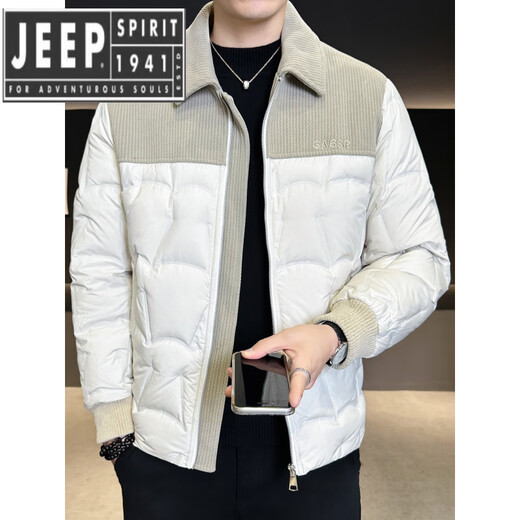 JEEP SPIRIT吉普精神2025冬季男士轻薄羽绒服时尚拼接翻领90鸭绒加厚保暖外套 米白色 3XL