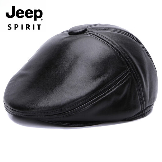 JEEP SPIRIT light luxury genuine leather hat men's middle-aged and elderly hat sheepskin beret casual peaked cap winter outdoor warm front black M extra large (61-62c)