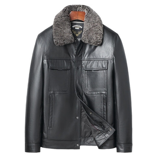 Haining leather jacket first-layer cowhide jacket with velvet and removable wool collar with thickened black M