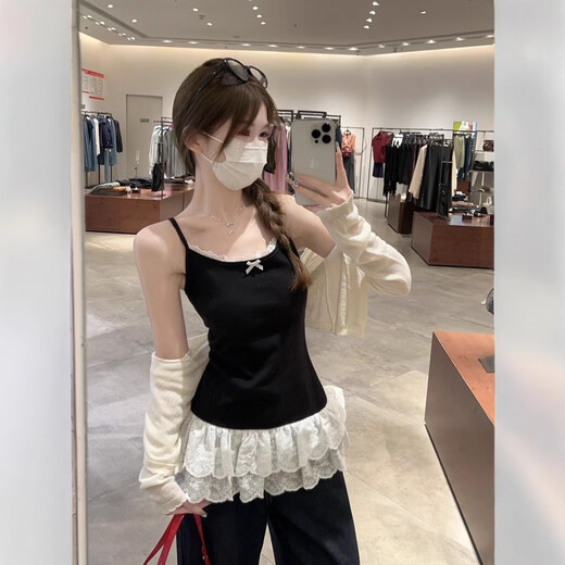 Pure lust style bow lace hem spliced summer camisole feminine slim fit inner top white S recommended 95Jin Jin equal to within 0.5kg
