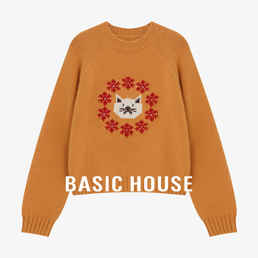 Basic House Basic House 2025 Autumn and Winter New Klein Blue Round Neck Sweater Cartoon Cat Snowflake Jacquard Lazy Style Knit Orange L