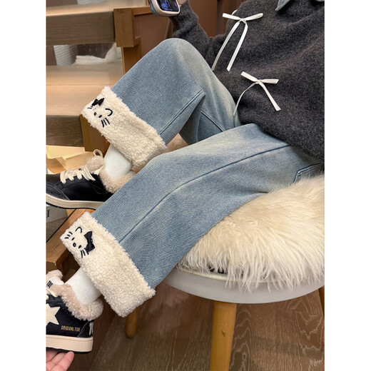 Burwilde international brand girls' velvet pants autumn and winter new style children's winter all-in-one velvet jeans baby straight picture color plus velvet 100 cm