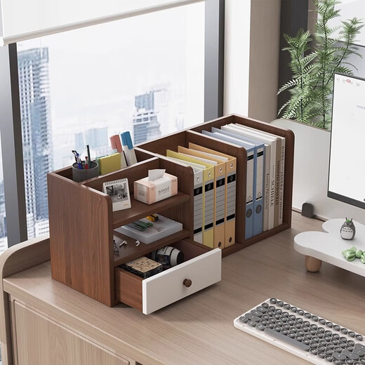 Desktop storage rack desk storage rack workstation desk storage cabinet desk file storage rack small bookshelf with drawer in the middle wilderness color 56*18*25cm