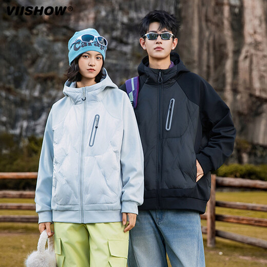 viishow新款羽绒服连帽外套男女同款冬宽松加厚男休闲情侣羽绒服 曜石黑 M