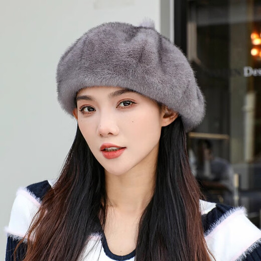 Changyin 2024 Mink Fur Beret Pumpkin Hat Fashionable Thickened Winter Versatile Winter Furry Warm Adult Milk Tea Color One Size