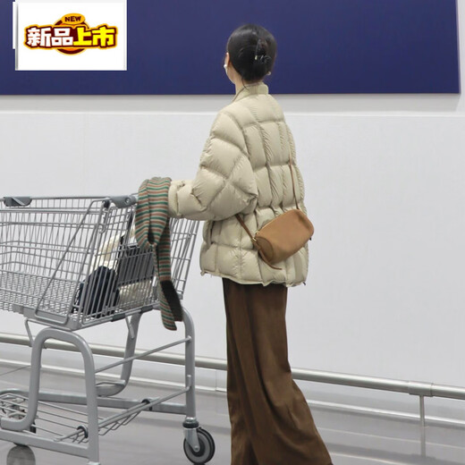 Initial diameter high down filling winter white duck down warm small square bread round neck down jacket for women khaki fabric upgraded version 90 white duck down S