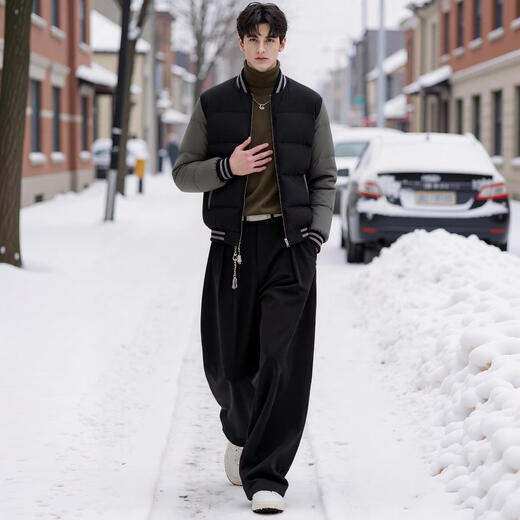 Q ZHIHE短款拼接撞色羽绒服男士2025冬季新款棒球领休闲百搭保暖外套男 01D黑色 XL