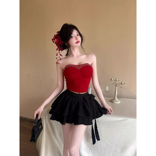 Lianxin's high-end heavy-duty diamond-encrusted tube top with breast pads for women to wear outside and for hot girls to wear short bottoming shirt vest black diamond-encrusted tube top with breast pads L suitable for 100-120 Jin Jin equals 0.5 kg
