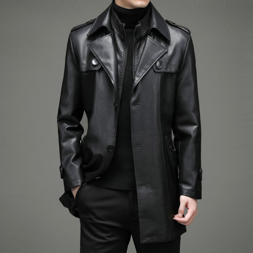 KBXNG劲霸商务男装秋冬新款拼接中长款单排扣PU风衣腰带款休闲皮衣夹克 黑色 M