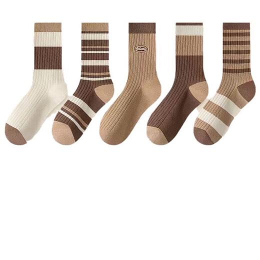 Autumn and winter socks for women, Maillard color mid-calf socks, ins, versatile, simple, college style, mid-calf socks, pure cotton, random colors, 5 pieces, one size fits all