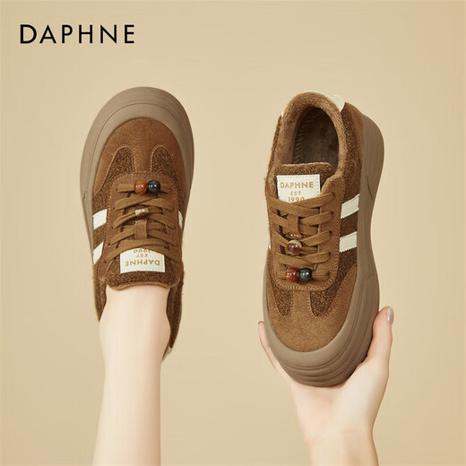 DAPHNE Daphne winter velvet and height-increasing cotton shoes for women 2025 new American campus thick-soled all-match casual sports moral training sneakers caramel color velvet heel height 4cm 35 (225mm)
