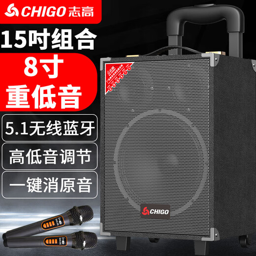CHIGO Trolley Square Dance Audio Outdoor Karaoke Bluetooth Speaker Special Large Volume Mobile Stage High-Power Stall Heavy Bass High-end Home Mobile Portable Amplifier 8-inch Wooden Box (15-inch Combination Speaker) Standard Edition