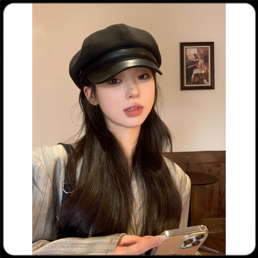 Octagonal Hat Women's Autumn and Winter Beret Women's Spring and Autumn Korean Style Versatile Face-Showing Small Octagonal Hat Literary Retro Newsboy Hat Black M (54-60cm)