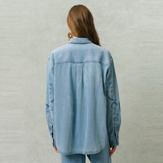 Fabrique washed light blue floral embroidered cotton and linen denim shirt 2026 spring new arrival light blue XS