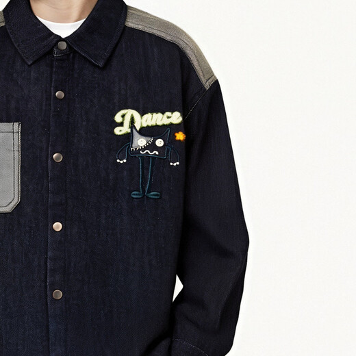 MQD children's clothing boys' lapel denim shirt winter new children's spliced long-sleeved embroidered loose jacket dark denim blue 120