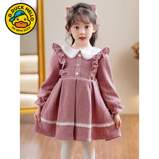 G.duck girls dress autumn and winter 2025 new velvet winter girl red annual dress children princess skirt winter red spring and autumn 90 cm