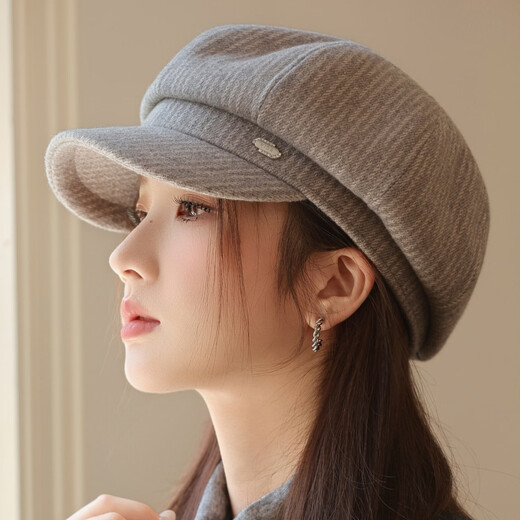 Changyin new hat women's fashionable big head circumference showing face small duck tongue octagonal hat elegant fine lines British retro beret gray one size fits all - adjustable size