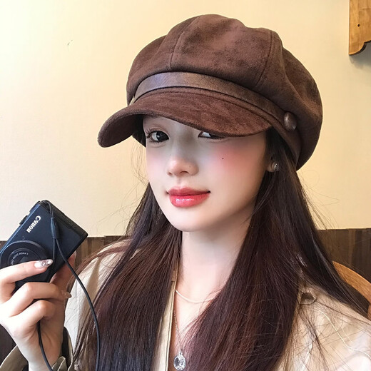 LeCali beret women's autumn and winter warm Maillard coffee color retro suede face-showing small belt octagonal newsboy hat