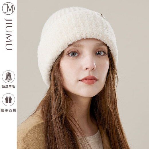 玖慕(JIUMU)羊毛针织帽女秋冬韩版百搭加厚保暖复古可爱毛绒护耳毛线帽子 米色 均码_56-60cm