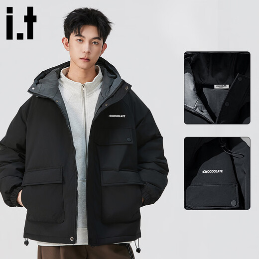 :CHOCOOLATE it潮牌高级感保暖男士羽绒服冬季加厚防寒连帽设计休闲百搭外套 黑色 M 【建议100-120斤】