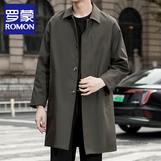 ROMON retro simple windbreaker men's mid-length single-breasted autumn and winter Korean coat business casual jacket for young and middle-aged men, military green XL