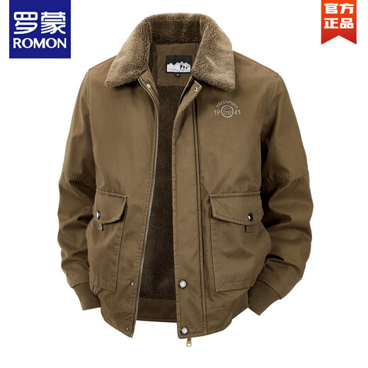 ROMON 2026 autumn and winter new velvet cotton coat men's thickened warm coat middle-aged and elderly cotton jacket lapel workwear cotton coat brown 3XL