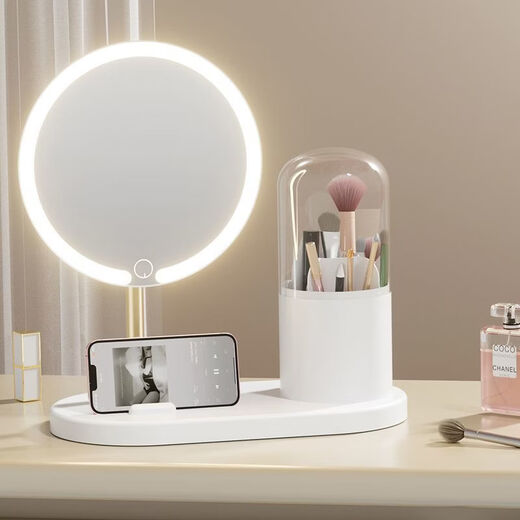 LED makeup mirror with light desktop women's fill light mirror dormitory desktop eyebrow pencil storage bucket home extra large dressing mirror white-three-color fill light alloy rotating stand mobile phone holder battery life standby 0 days - no LED light with high-definition alloy mirror