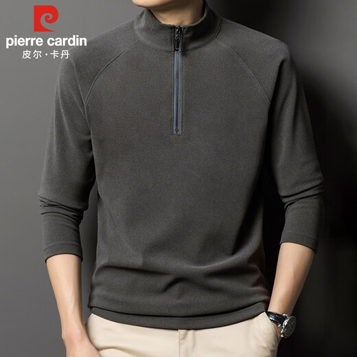 Pierre Cardin sweatshirt men's autumn and winter half-zip stand collar long-sleeved T-shirt men's velvet business casual top gray XL