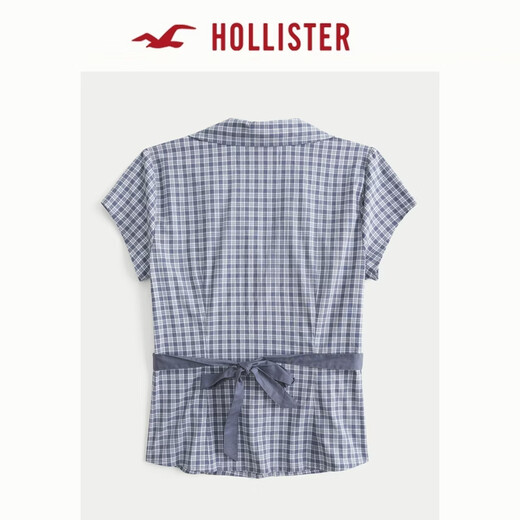 HOLLISTER American waist lace-up slim fit inner short-sleeved shirt 26 spring new women's clothing 340-6070 blue plaid M (165/88A)