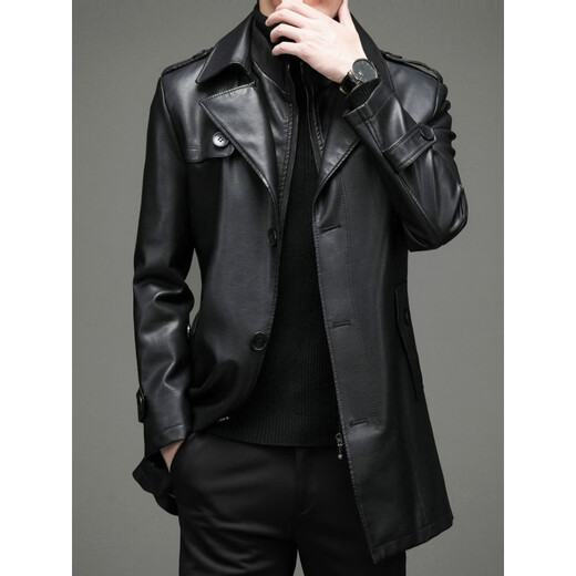 KBXNG劲霸商务男装秋冬新款拼接中长款单排扣PU风衣腰带款休闲皮衣夹克 黑色 M