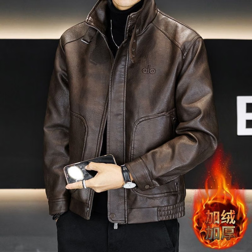 2025 New Fake Two-Piece Hooded Leather Jacket Men's Leather Jacket Fashion Casual Autumn and Winter Thickened Jacket Men Brown Color Velvet L Recommended Weight 100-115 Jin Jin equals 0.5 kg