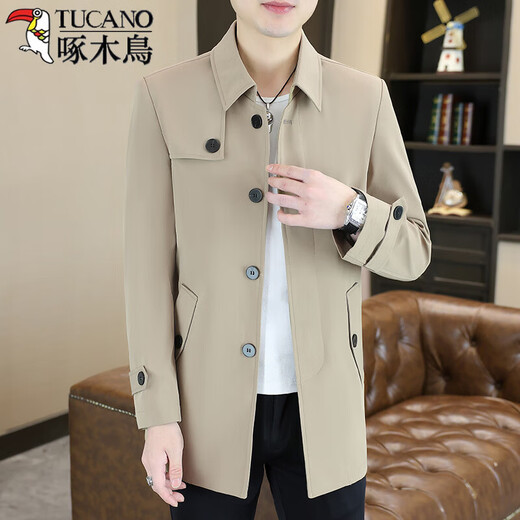 Woodpecker (TUCANO) spring and autumn new lapel windbreaker men's mid-length Korean style high-end business casual cloak coat trendy khaki XL