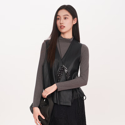 Fragment (dribs&drabs) suit for women 2026 spring new half-high collar with slim fit bottoming shirt with lace-up temperament and elegant leather vest, black L