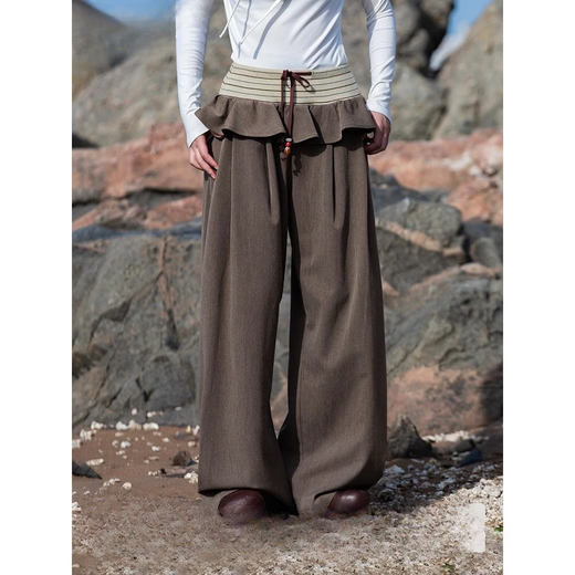 Hanoufei Nomad Series Saotome Keiko saotome Japanese retro ruffle knitted splicing wide-leg trousers brown low-waisted style S