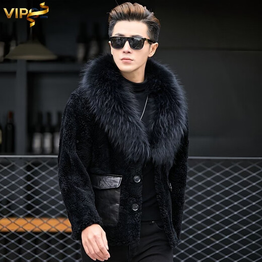 VIPOL's new Haining imitation leather raccoon dog fur collar sheep sheared jacket men's short fur one-piece thickened thick jacket black mink style fur one-piece lining 3XL 160Jin Jin equals 0.5kg ---180Jin Jin equals 0.5kg