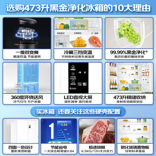 Leader refrigerator produced by Haier 473 liters cross-door four-door first-class energy efficiency dual frequency conversion double cycle air-cooled frost-free large-capacity household black gold purification white refrigerator leader first-class energy efficiency + black gold purification + mother and baby three-speed variable temperature