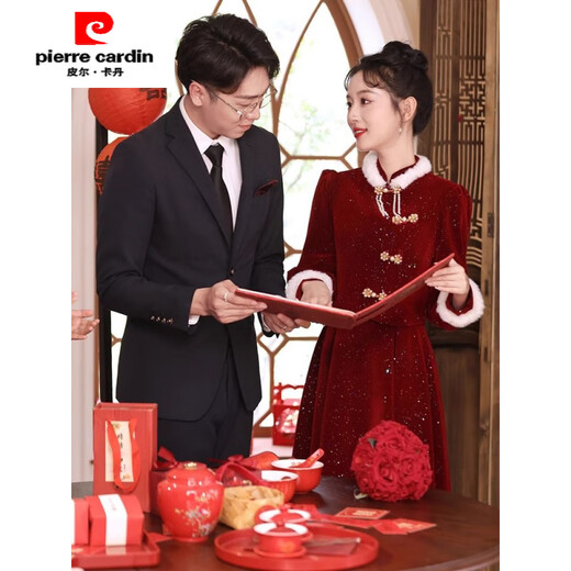 Pierre Cardin New Chinese Toast Wear 2025 New Bride Autumn and Winter Wedding Red Engagement Dress Skirt Women's Winter Velvet Cheongsam Burgundy Winter Style L Recommended 105-115 Jin Jin equals 0.5 kg