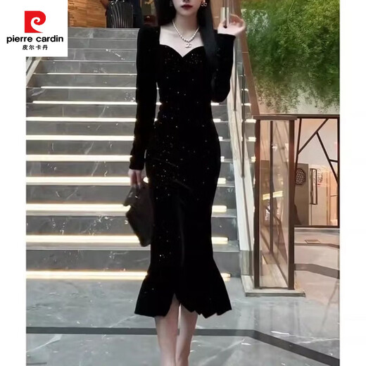 Pierre Cardin New Year's shirt Hepburn style velvet little black dress temperament slim dress long skirt French hip dress women autumn and winter black M 100-110Jin Jin is equal to 0.5 kg