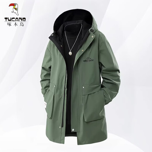 Woodpecker (TUCANO) hooded windbreaker jacket men's spring and autumn loose slim mid-length jacket plus fat plus size fat casual coat military green 7XL 240-265Jin Jin equals 0.5 kg