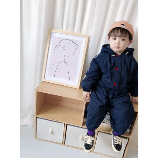 Ultraman children's red one-piece baby winter clothing for men and women, thickened hooded embroidered climbing clothing, cotton clothing, ski clothing, Mi 73, one size fits all, navy blue
