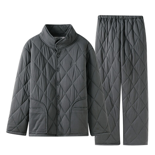 American Standard Three-layer Thickened Cotton Couple Pajamas Set Women's Autumn and Winter Full Cotton Can Be Weared Outside to Keep Warm New Year's Home Clothing for Men Dark Gray (Three-Layer Thickened Cotton) XL