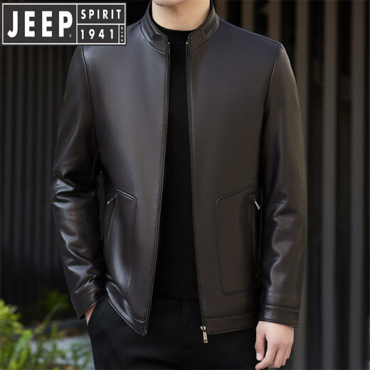 JEEP SPIRIT leather jacket business casual men's winter lapel casual daddy sheepskin jacket middle-aged short leather jacket black S 165
