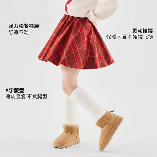 Yoyo One Girls Skirt Winter 2025 New Children's Red Plaid Woolen Skirt Girls New Year Skirt New Year 4507 Red 140 140cm