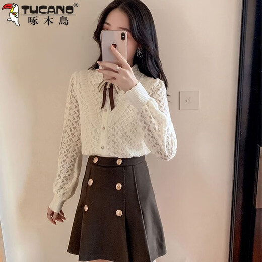 Woodpecker (TUCANO) new autumn and winter velvet thickened shirt women's fashion loose lace bottoming shirt women's doll collar slimming top to reduce age pink velvet S 80-95Jin Jin equals 0.5 kg